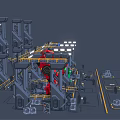 Colorful Robot Characters Red Green Blue in Factory Workshop with Mechanical Structures and Lighting
