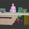 Modern Office Desk With Wooden Top And Metal Legs Featuring Computer Monitors And Office Chair