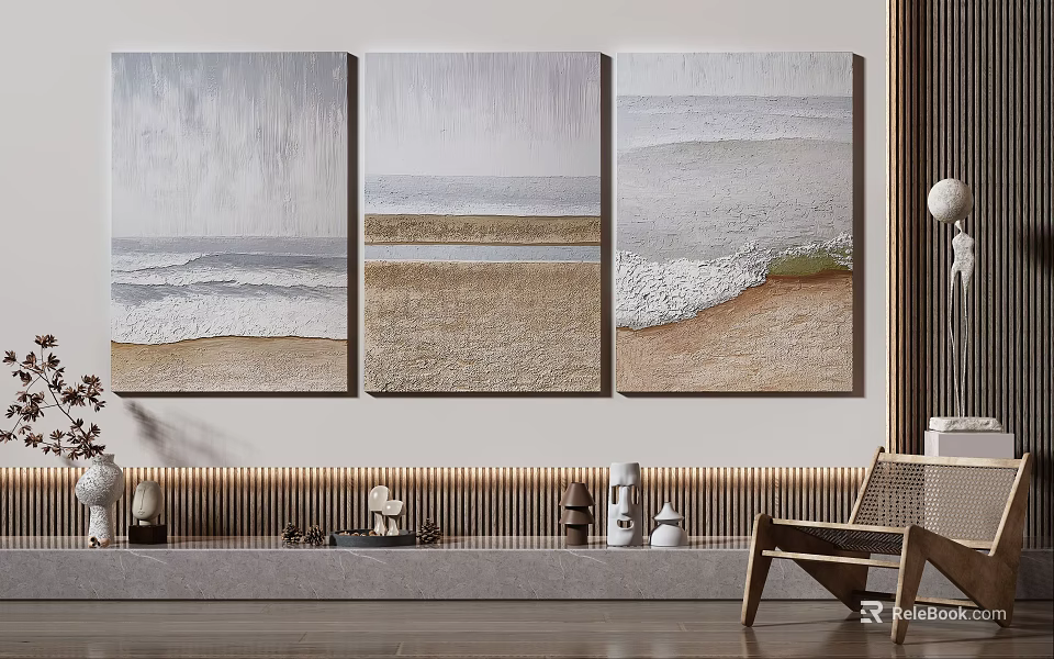 Beach Wave Triptych Canvas Art For Modern Interior With Decor Items 3d model