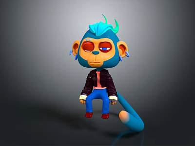 Cartoon Monkey Character Featuring Blue Hair Red Eyes Black Jacket Blue Pants Red Shoes 3d model