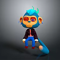 Cartoon Monkey Character Featuring Blue Hair Red Eyes Black Jacket Blue Pants Red Shoes