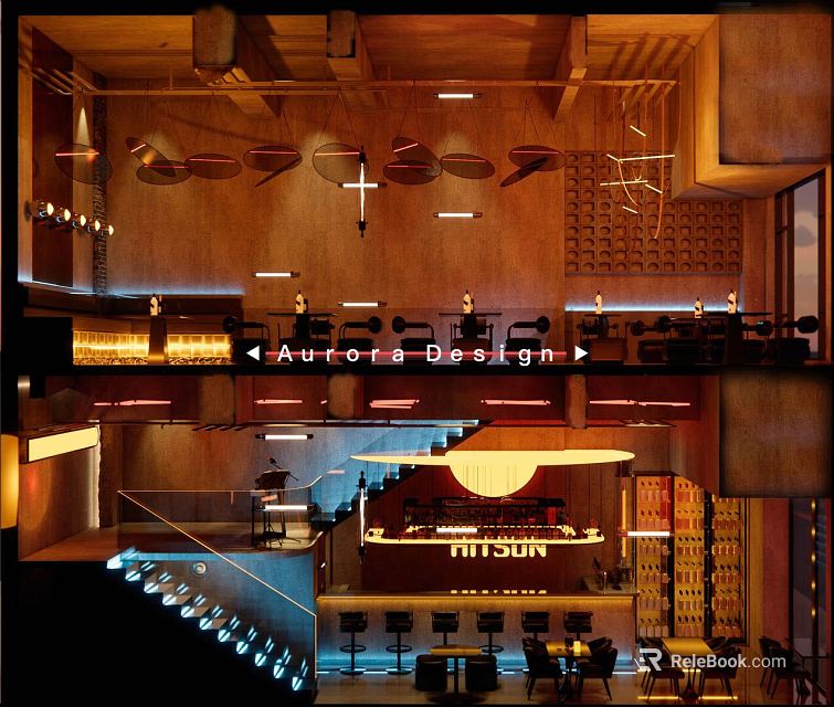 Modern Industrial Bar Interior With Warm Lighting Wooden Decor And Stylish Counter 3d model 