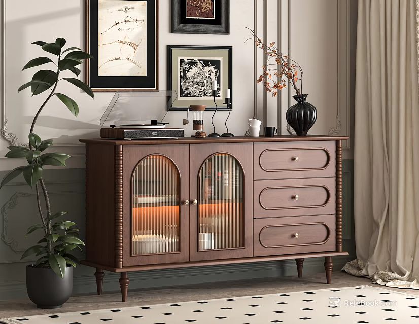 Elegant Wooden Entryway Cabinet Sideboard With Glass Doors Drawers Vase And Books 3d model 