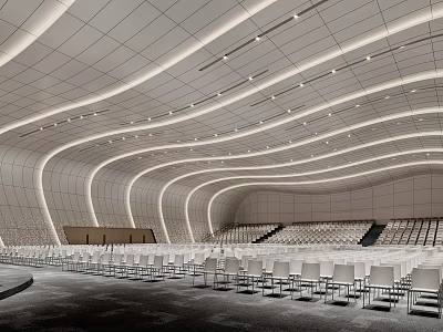 Modern Conference Room With Curved Ceiling Linear Lighting And Arranged Seats 3d model