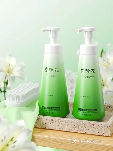 Xuelinghua Green Body Wash Bottles With White Lily Flowers And Bath Brush 3d model 