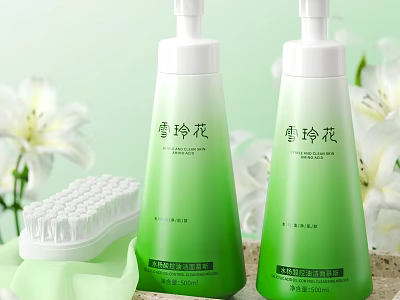 Xuelinghua Green Body Wash Bottles With White Lily Flowers And Bath Brush 3d model