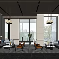 Modern Lounge Area Interior Design With Comfortable Sofas Large Windows Pendant Lights And Wooden Ceiling 3d model