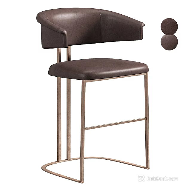 Modern Brown Leather Bar Stool With Metal Frame Armrest And Circular Decorative Design 3d model 