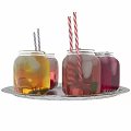 Refreshing Glass Jar Beverages With Fruits Ice Cubes Mint Leaves Striped Straws On Silver Tray