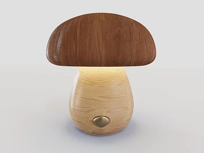 Mushroom Shaped Wooden Table Lamp With Dark Brown Top Light Colored Base And Golden Button 3d model