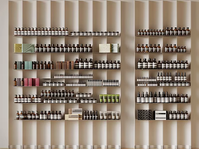 Organized Retail Display Shelves With Various Cosmetic Bottles And Products 3d model