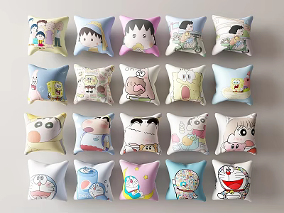 Colorful Cartoon Character Pillows Featuring Various Popular Anime Designs for Home Decor 3d model