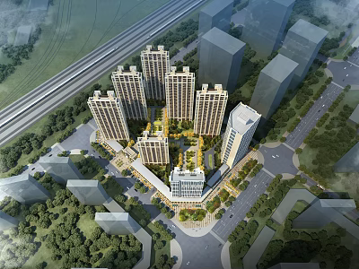 Aerial Planning of Residential Community with High rise Buildings Central Green Space and Road Network 3d model