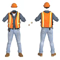 High Visibility Work Clothing Set With Orange Safety Vest Blue Jeans And Brown Boots