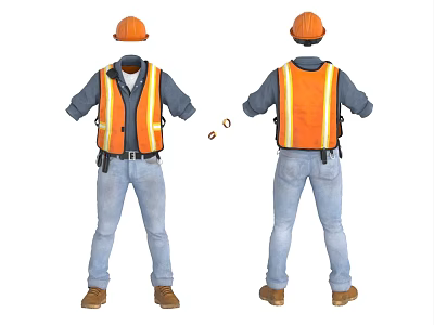 High Visibility Work Clothing Set With Orange Safety Vest Blue Jeans And Brown Boots 3d model