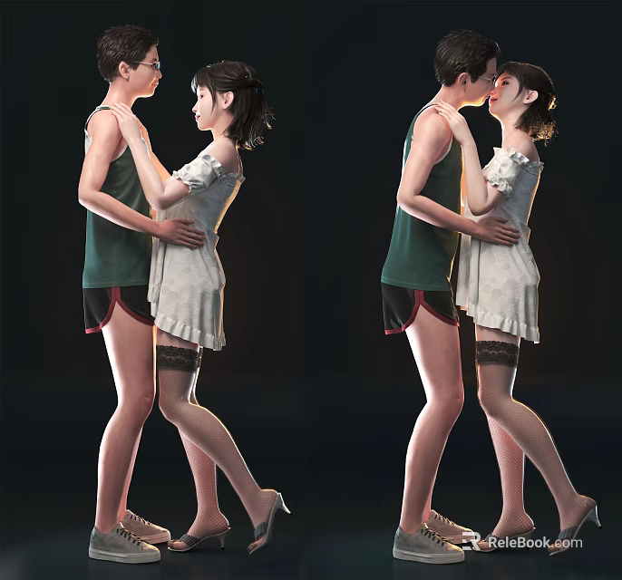 Two People Couple Embracing And Kissing In Casual Outfits With Vest Shorts Dress High Heels 3d model 