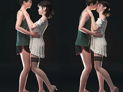 Two People Couple Embracing And Kissing In Casual Outfits With Vest Shorts Dress High Heels 3d model