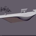 Modern Reception Desk with White Curved Countertop Wooden Base Potted Plant and Computer Monitor