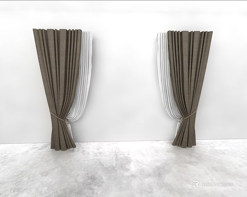 Modern Brown Linen Curtains With White Sheer Panels And Tie Backs Interior Design 3d model 