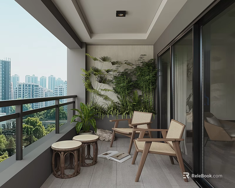 Modern Home Balcony With Wooden Chairs Wicker Stools Green Plant Wall And City View 3d model 