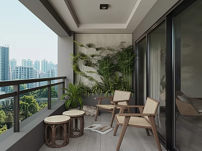 Modern Home Balcony With Wooden Chairs Wicker Stools Green Plant Wall And City View 3d model