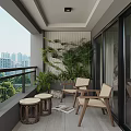 Modern Home Balcony With Wooden Chairs Wicker Stools Green Plant Wall And City View