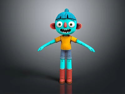 Cartoon Game Movie Character With Blue Skin Open Arms Yellow T-Shirt And Red Boots 3d model