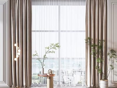 Beige Modern Curtains With Sheer Layers And Green Plants By Large Window Interior 3d model
