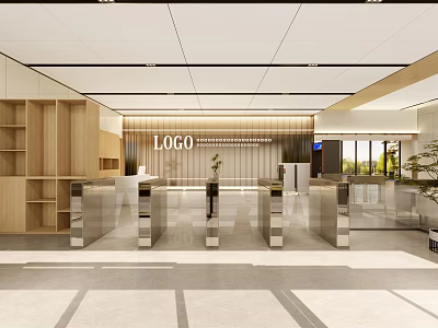 Modern Reception Desk Interior Design With LOGO Display Glass Partitions And Wooden Shelves 3d model