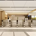 Modern Reception Desk Interior Design With LOGO Display Glass Partitions And Wooden Shelves