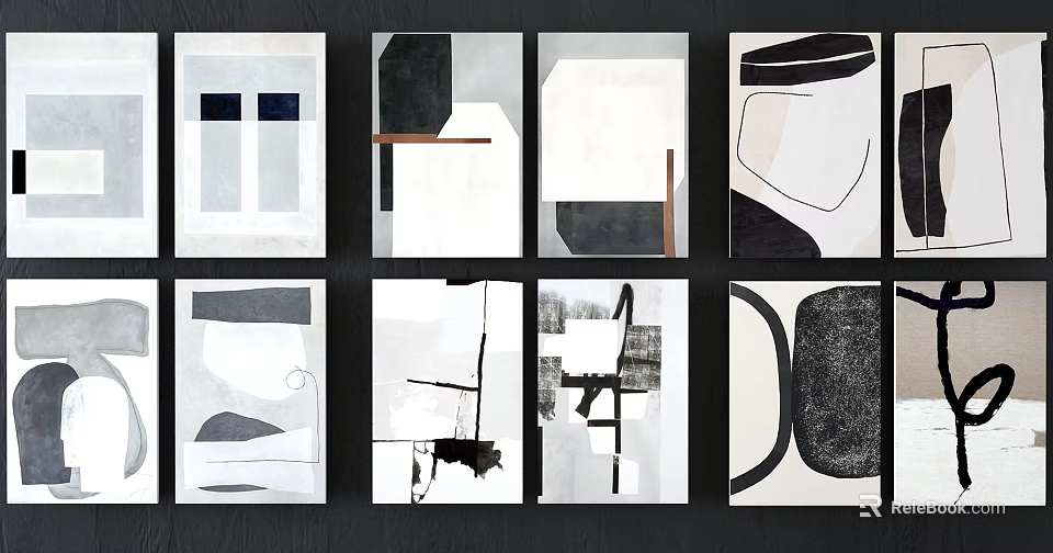 Abstract Art Prints With Geometric Shapes In Black White Gray Tones On Dark Wall 3d model 