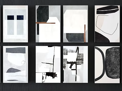 Abstract Art Prints With Geometric Shapes In Black White Gray Tones On Dark Wall 3d model