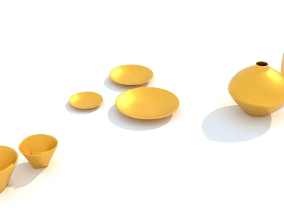 Golden Kitchenware Set Including Bowls Plates And Teapot For Daily Home Use 3d model