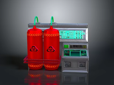 Red Gas Cylinders With Radioactive Signs And Green Display Control Equipment 3d model