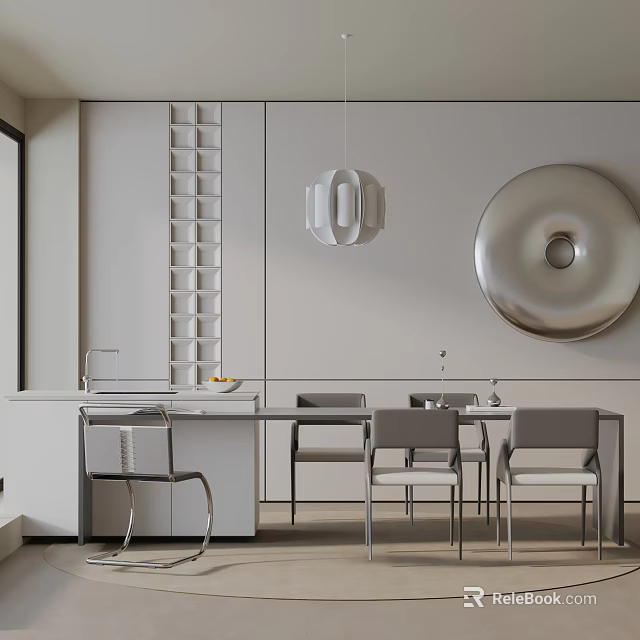Modern Minimalist Dining Table Set With Pendant Light And Circular Wall Art In Neutral Interior 3d model 