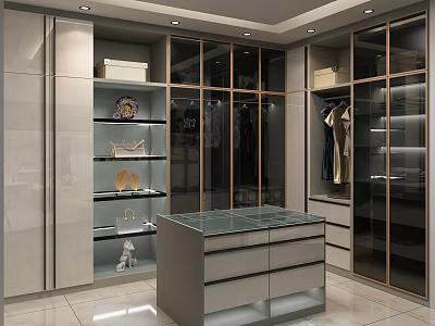 Modern Luxury Wardrobe With Glass Doors Open Shelves And Central Dressing Table Marble Countertop 3d model