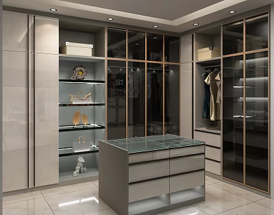 Modern Luxury Wardrobe With Glass Doors Open Shelves And Central Dressing Table Marble Countertop 3d model