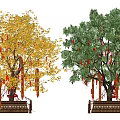 Two Ornamental Arbor Trees With Yellow Green Leaves Red Ribbons Wooden Base And Rope Fence