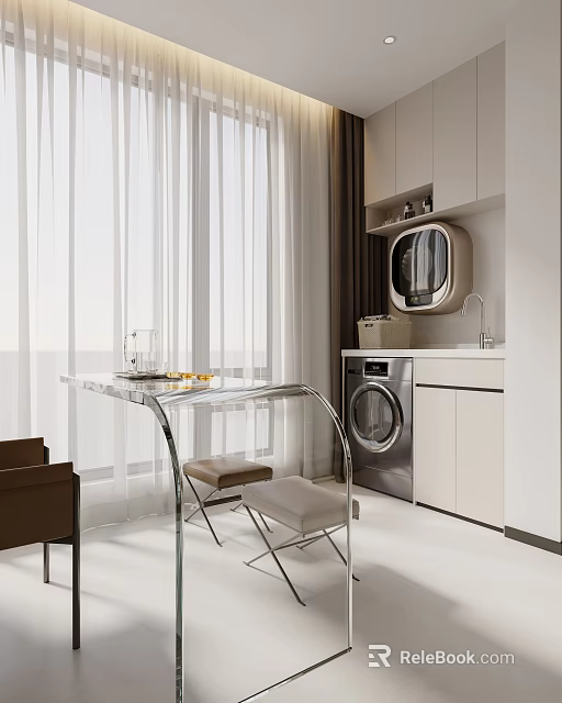 Modern Home Balcony With Glass Table Chairs Washing Machine White Cabinets And Sheer Curtains 3d model 