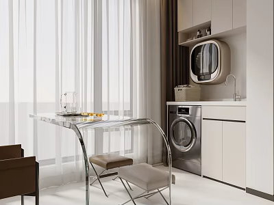Modern Home Balcony With Glass Table Chairs Washing Machine White Cabinets And Sheer Curtains 3d model
