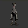 Velociraptor Dinosaur with Spotted Skin Red Eyes Open Mouth Standing Pose Against Dark Background