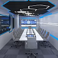 Modern Control Room Interior With Curved Consoles Multiple Monitors And Blue Chairs