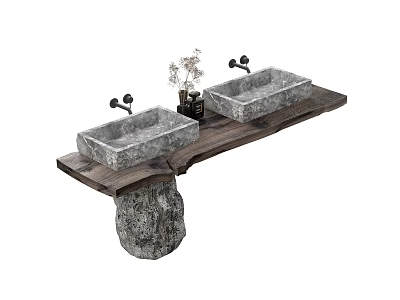 Double Stone Washbasins On Wooden Countertop With Stone Base And Flower Vase 3d model