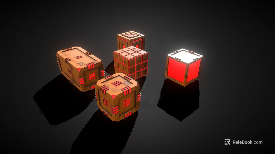 Decorative Ornament Set with Brown Red Cube Decorations Grid Pattern Red Lines Light Shadow 3d model 