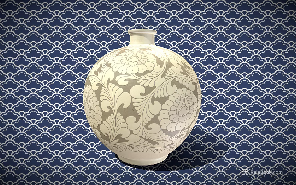 White Ceramic Vase with Intricate Floral and Leaf Patterns on Blue Geometric Background 3d model 