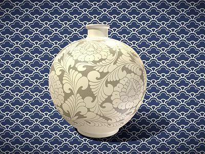 White Ceramic Vase with Intricate Floral and Leaf Patterns on Blue Geometric Background 3d model