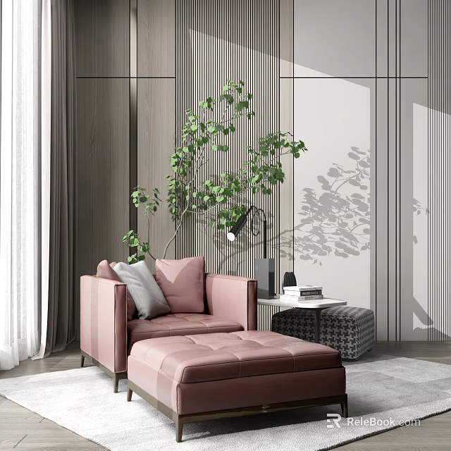 Pink Single Seater Sofa With Ottoman And Green Plant In Minimalist Room 3d model 