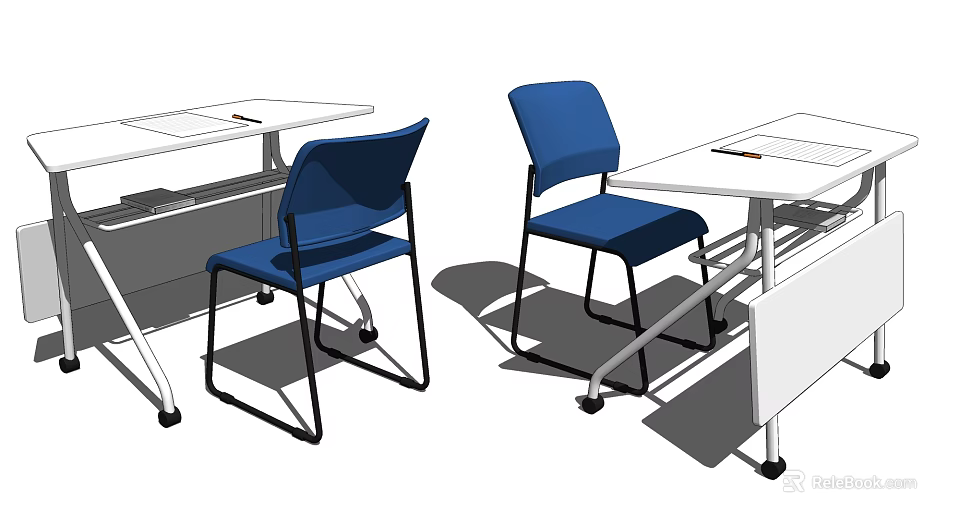 Modern Office Desk With Blue Chairs And White Tabletop Setup Design 3d model