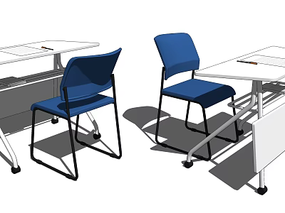 Modern Office Desk With Blue Chairs And White Tabletop Setup Design 3d model