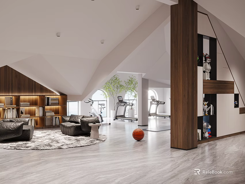 Loft Style Living Space With Sofa Gym And Bookshelves 3d model 